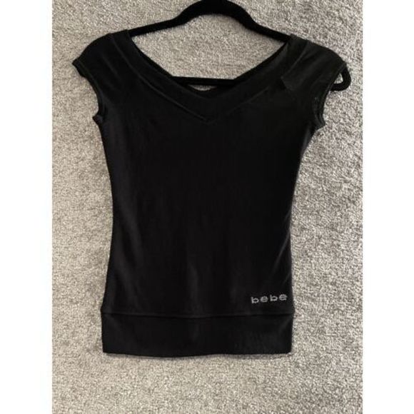 BEBE Rhinestone Logo Short Sleeve Top Womens Juniors Size Medium Sheer Back  Y2K - Picture 1 of 9